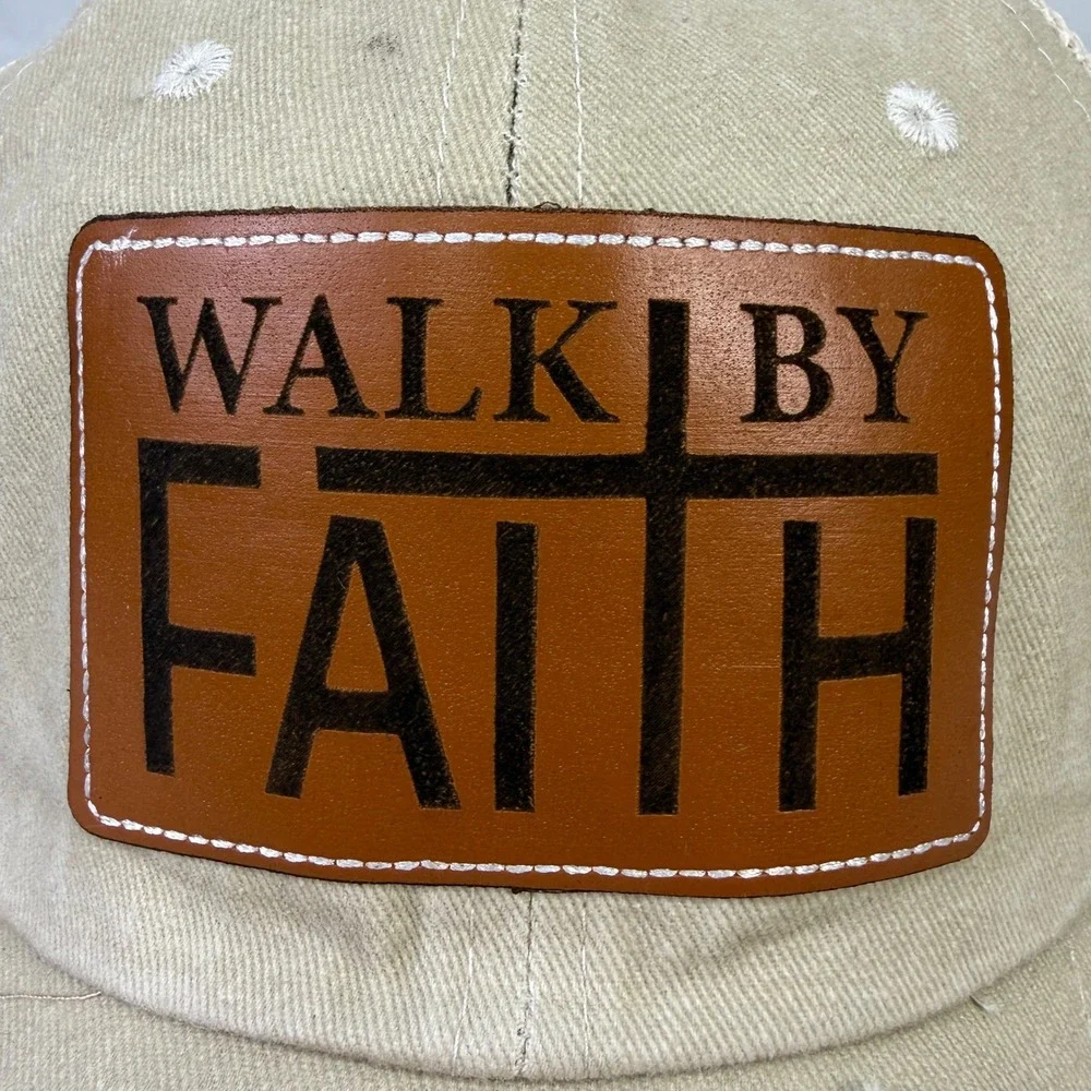 Walk By Faith Christian Cross Distressed Trucker Hat Snapback Leather Patch